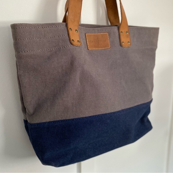 COLE HAAN Brown Leather & Navy Canvas Tote Bag - Picture 4 of 8